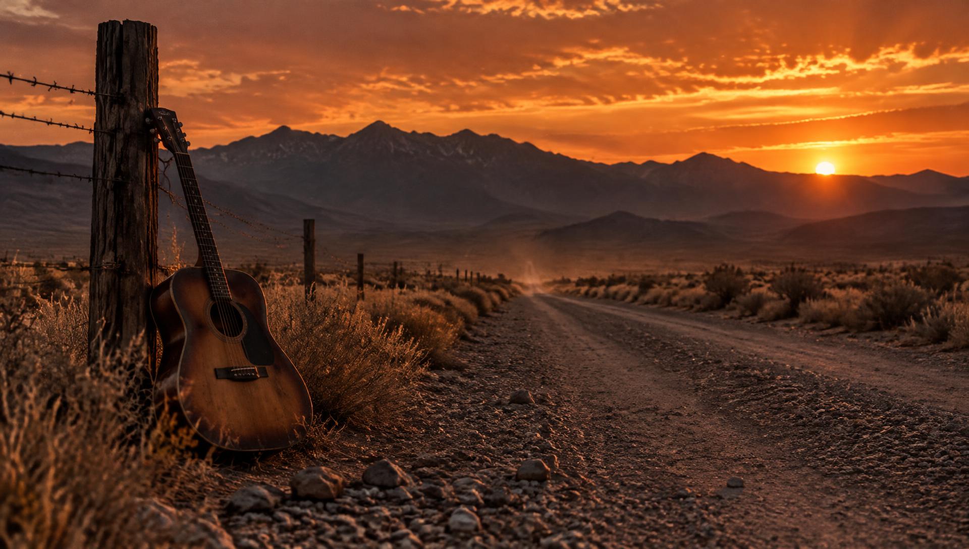 Guitar leaning on a fence post beside a gravel road at desert sunset